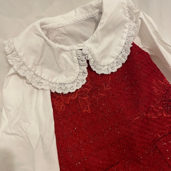 Girls Elegant Red Tweed Dress with White Blouse | Holiday Outfit - Picture 3 of 4